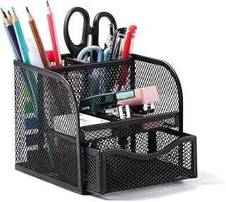 Vinabo Rangement Bureau, Organisateur de Bureau en Filet MéTallique, Pot a Crayon Bureau avec 4 Compartiments de Tri, Porte Stylo Peu Encombrant avec Tiroir Coulissant pour Papeterie, Maison, école