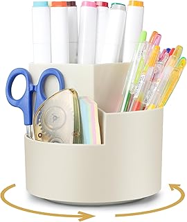AiQInu Rotatif Pot a Crayon, Porte Organiseur Bureau, Porte-Stylos Pivotant à 360 Degrés avec 3 Compartiments, Rangement Stylo de Bureau Grande Capacité pour Papeterie, Maquillage, L