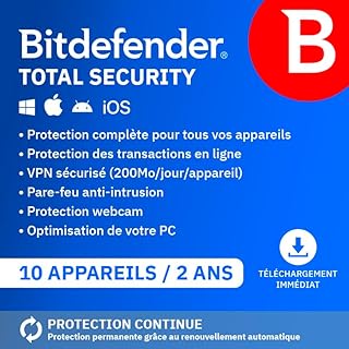 Bitdefender Total Security| 10 Appareils | 2 Ans | PC/Mac/iOS/Android | Code d’activation par email | Renouvellement Automatique