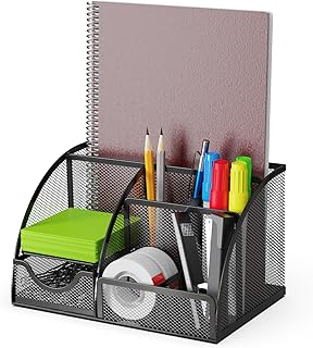 Organisateur de bureau et porte-stylos avec tiroir et 6 compartiments en maille métallique noire. Organisateur de bureau économiseur d